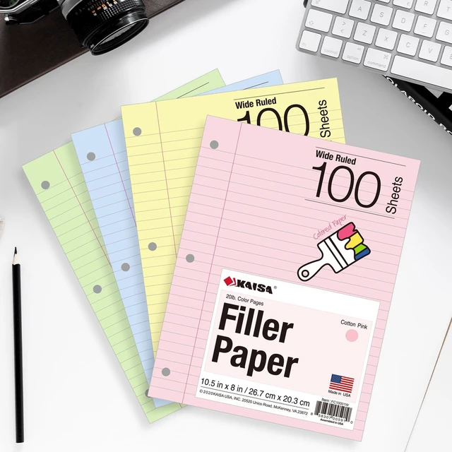 Alt view image 5 of 7 - Filler Paper Colored loose Leaf Paper, Wide Ruled 8x10.5in Colored Paper, 3-Hole Punched for 3-Ring Binders,100Sheets/pack 4Packs, FC10001W