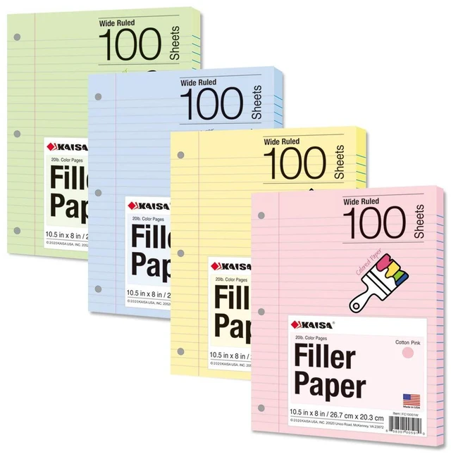 Alt view image 7 of 7 - Filler Paper Colored loose Leaf Paper, Wide Ruled 8x10.5in Colored Paper, 3-Hole Punched for 3-Ring Binders,100Sheets/pack 4Packs, FC10001W