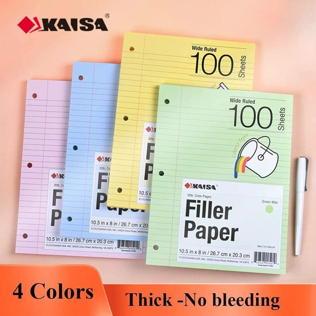 Alt view image 6 of 7 - Filler Paper Colored loose Leaf Paper, Wide Ruled 8x10.5in Colored Paper, 3-Hole Punched for 3-Ring Binders,100Sheets/pack 4Packs, FC10001W