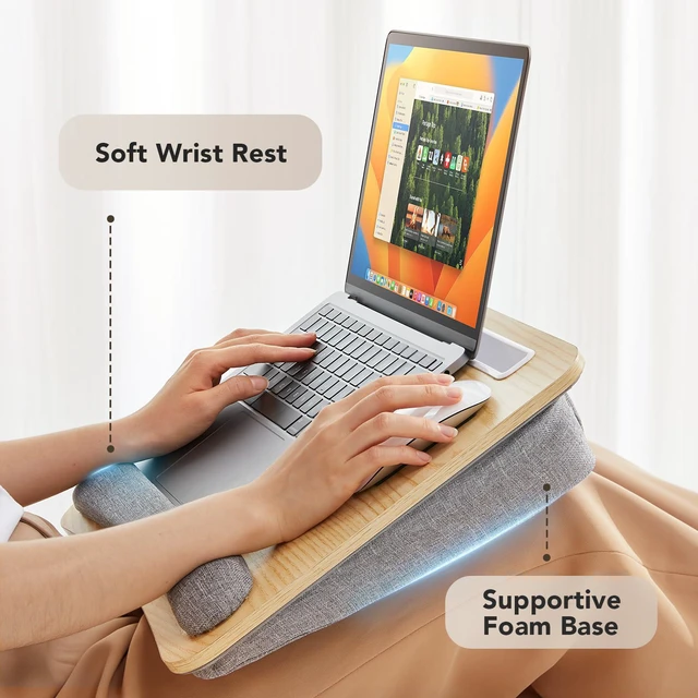 Alt view image 3 of 7 - Laptop Lap Desk with Cushion, Fit up to 15.6" Laptop, Light Wood Portable Lap Desk with Pillow Cushion, Anti-Slip Strip & Storage Function for Home Office Students as Computer Laptop Stand