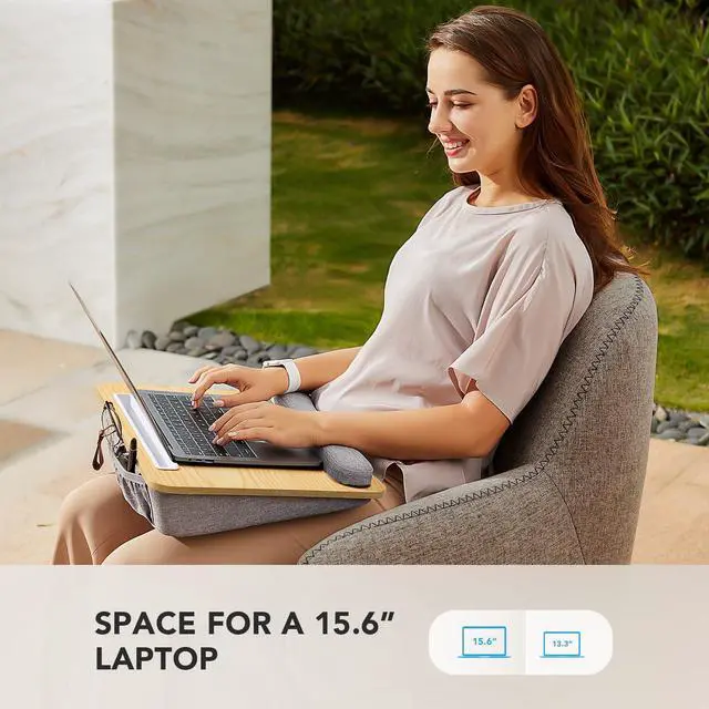 Alt view image 2 of 7 - Laptop Lap Desk with Cushion, Fit up to 15.6" Laptop, Light Wood Portable Lap Desk with Pillow Cushion, Anti-Slip Strip & Storage Function for Home Office Students as Computer Laptop Stand
