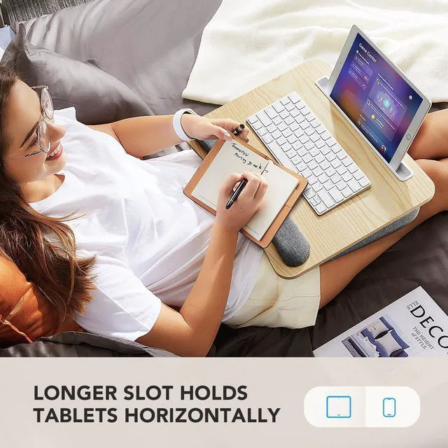 Alt view image 5 of 7 - Laptop Lap Desk with Cushion, Fit up to 15.6" Laptop, Light Wood Portable Lap Desk with Pillow Cushion, Anti-Slip Strip & Storage Function for Home Office Students as Computer Laptop Stand
