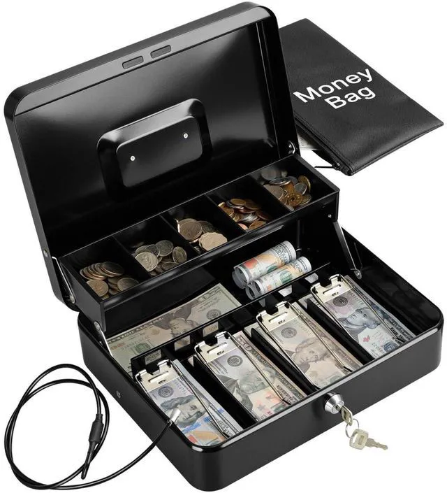 Main image of Metal Cash Box with Key Lock, Anti-Theft Cable & Waterproof Pouch Heavy Duty 0.7mm Steel, Windproof Bill Clips, Hidden Compartment, for Flea Market Vendors & Small Business, 11.8", Black