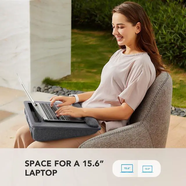 Alt view image 2 of 7 - Laptop Lap Desk with Cushion, Fit up to 15.6" Laptop, Gray Portable Lap Desk with Pillow Cushion, Anti-Slip Strip & Storage Function for Home Office Students as Computer Laptop Stand