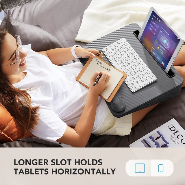 Alt view image 5 of 7 - Laptop Lap Desk with Cushion, Fit up to 15.6" Laptop, Gray Portable Lap Desk with Pillow Cushion, Anti-Slip Strip & Storage Function for Home Office Students as Computer Laptop Stand
