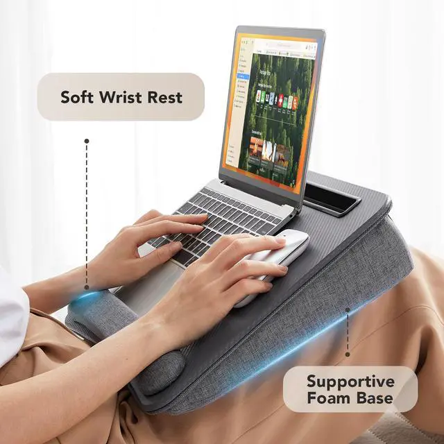 Alt view image 4 of 7 - Laptop Lap Desk with Cushion, Fit up to 15.6" Laptop, Gray Portable Lap Desk with Pillow Cushion, Anti-Slip Strip & Storage Function for Home Office Students as Computer Laptop Stand