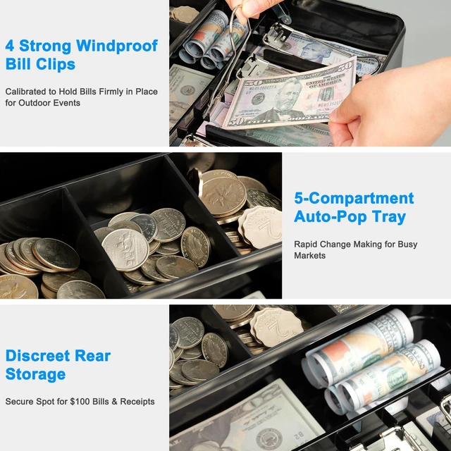 Alt view image 2 of 7 - Cash Box with Money Tray and Key Lock, 1mm Thick Metal Cash Drawer Portable Cold-rolled Steel Money Box, Windproof Bill clips & Auto-Pop Coin Tray for Garage Sales & Small businesses, 11.8"