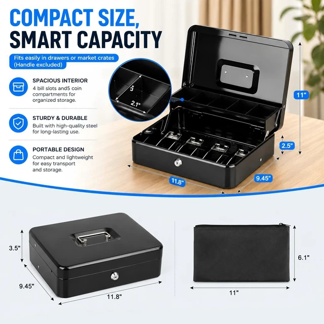 Alt view image 3 of 7 - Metal Cash Box with Key Lock, Anti-Theft Cable & Waterproof Pouch Heavy Duty 0.7mm Steel, Windproof Bill Clips, Hidden Compartment, for Flea Market Vendors & Small Business, 11.8", Black