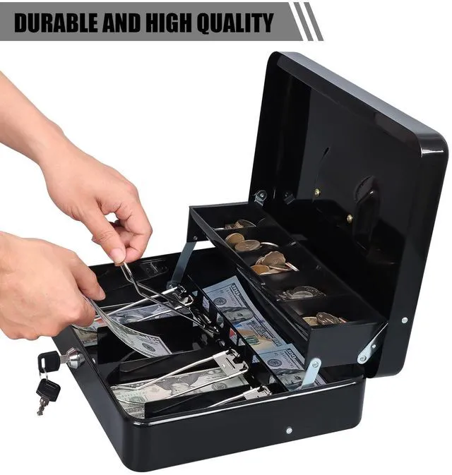 Alt view image 5 of 7 - Metal Cash Box with Key Lock, Anti-Theft Cable & Waterproof Pouch Heavy Duty 0.7mm Steel, Windproof Bill Clips, Hidden Compartment, for Flea Market Vendors & Small Business, 11.8", Black