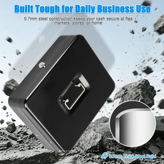 Alt view image 6 of 7 - Metal Cash Box with Key Lock, Anti-Theft Cable & Waterproof Pouch Heavy Duty 0.7mm Steel, Windproof Bill Clips, Hidden Compartment, for Flea Market Vendors & Small Business, 11.8", Black