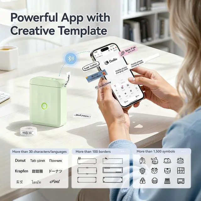 Alt view image 5 of 7 - D110 Mini Label Maker Machine with Tape for Home School, Green Portable Label Printer Bluetooth Thermal Sticker Labeler with Multiple Templates for Office Kitchen Jars Organization