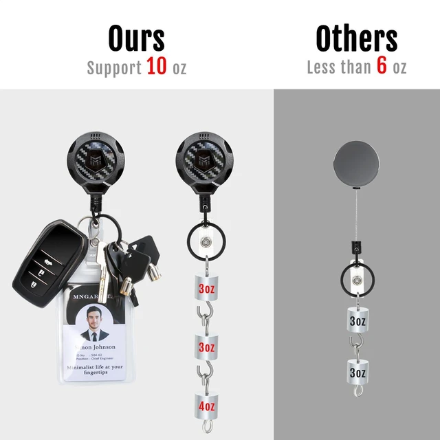 Alt view image 4 of 7 - Upgraded Heavy Duty Retractable Keychain with Belt Clip, 10 OZ Retraction, 31.5" Stainless Steel Cord Key Chain, 3K Carbon Fiber ID Badge Reel Holder with Badge Strap and Key Ring, 8 Pack