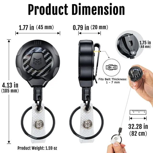 Alt view image 6 of 7 - Upgraded Heavy Duty Retractable Keychain with Belt Clip, 10 OZ Retraction, 31.5" Stainless Steel Cord Key Chain, 3K Carbon Fiber ID Badge Reel Holder with Badge Strap and Key Ring, 8 Pack