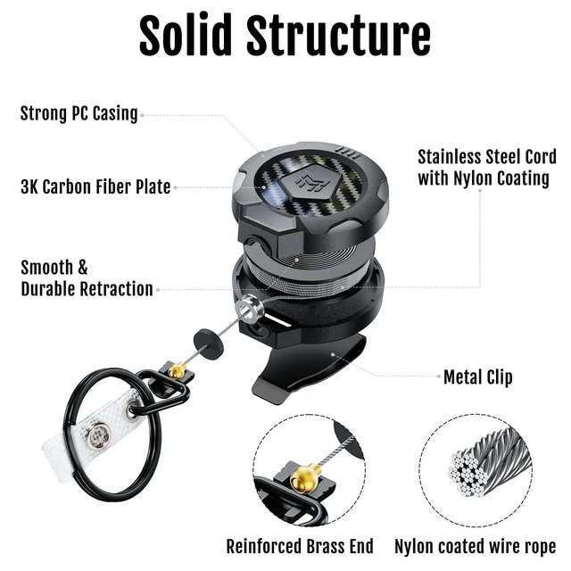 Alt view image 5 of 7 - Upgraded Heavy Duty Retractable Keychain with Belt Clip, 10 OZ Retraction, 31.5" Stainless Steel Cord Key Chain, 3K Carbon Fiber ID Badge Reel Holder with Badge Strap and Key Ring, 8 Pack