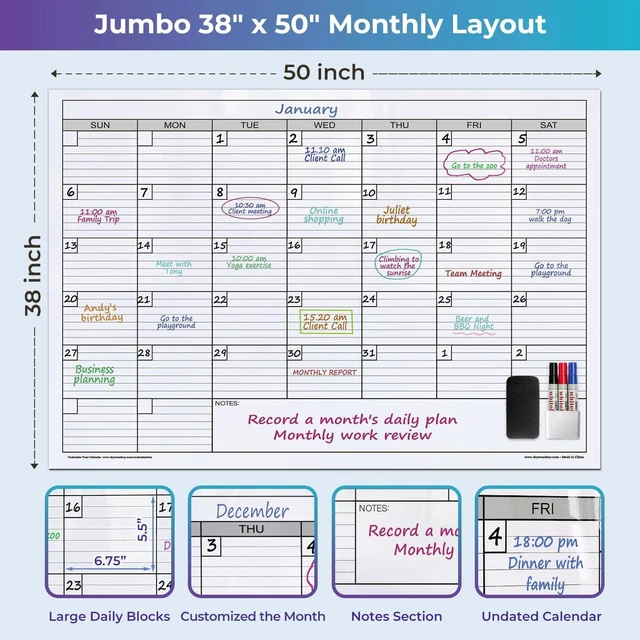 Alt view image 3 of 7 - Extra Large Magnetic Dry Erase Calendar, 38x50 Oversized Huge Reusable 1 Month Laminated Blank White Board Planner for Wall, Giant XL Magnet 30 Day Poster for Office Family