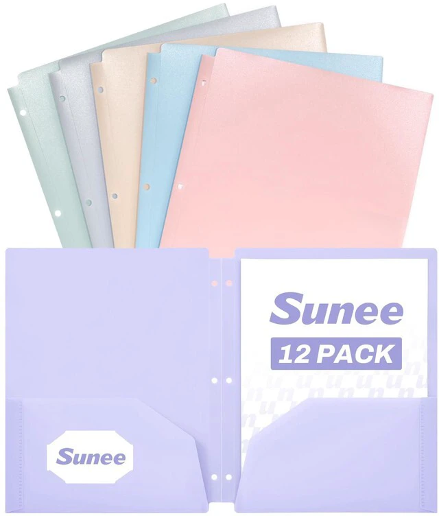 Main image of 3 Hole Pocket Folders (12 Pack, Pastel Color) Plastic Pocket Folders for 3 Ring Binder, 3-Hole Punched Folders with Pockets, for Kids, Students, Teachers, Office Staff