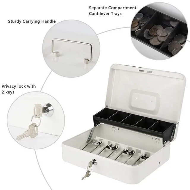 Alt view image 2 of 7 - Locking Cash Box with Lock,Money Box with Cash Tray,Lock Safe Box with Key,Money Saving Organizer,11.81Lx 9.45Wx 3.54H Inches,White XL Large