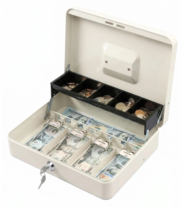 Main image of Locking Cash Box with Lock,Money Box with Cash Tray,Lock Safe Box with Key,Money Saving Organizer,11.81Lx 9.45Wx 3.54H Inches,White XL Large
