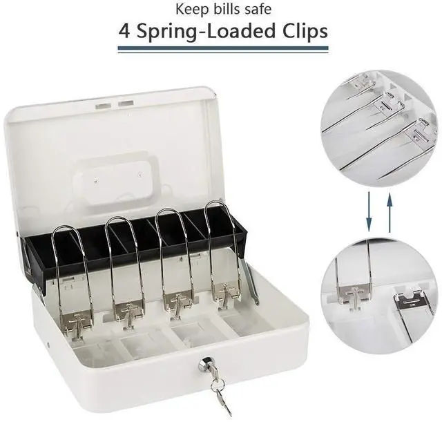 Alt view image 3 of 7 - Locking Cash Box with Lock,Money Box with Cash Tray,Lock Safe Box with Key,Money Saving Organizer,11.81Lx 9.45Wx 3.54H Inches,White XL Large