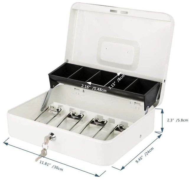 Alt view image 4 of 7 - Locking Cash Box with Lock,Money Box with Cash Tray,Lock Safe Box with Key,Money Saving Organizer,11.81Lx 9.45Wx 3.54H Inches,White XL Large