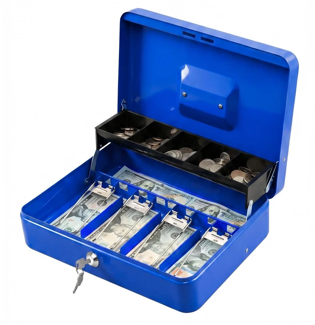 Main image of Locking Cash Box with Lock,Money Box with Cash Tray,Lock Safe Box with Key,Money Saving Organizer,11.81Lx 9.45Wx 3.54H Inches,Blue XL Large
