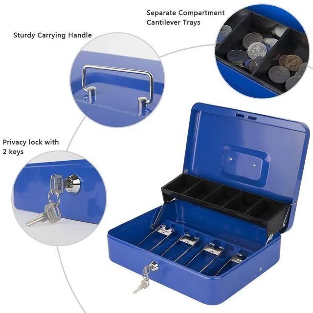 Alt view image 2 of 7 - Locking Cash Box with Lock,Money Box with Cash Tray,Lock Safe Box with Key,Money Saving Organizer,11.81Lx 9.45Wx 3.54H Inches,Blue XL Large