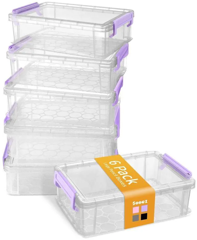 Main image of 6 Pack Extra Large Pencil Box, Plastic Pencil Case Crayon Box Clear Marker Organizer Plastic Containers with Lid, Stackable Storage Boxes for Art Craft,Back to School Supplies, Purple