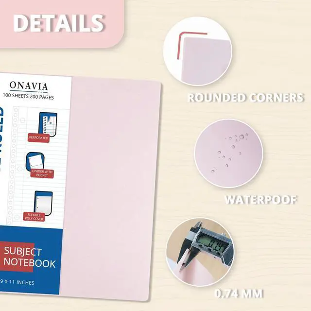 Alt view image 3 of 7 - Pink 1 Subject Spiral Notebook College Ruled 3 Pack, 200 Pages 100 Sheets, 9 x 11 in, Waterproof Plastic Cover, Durable, 3-Hole Punched, Divider, Double-Sided Pocket, Study: Amazon.com