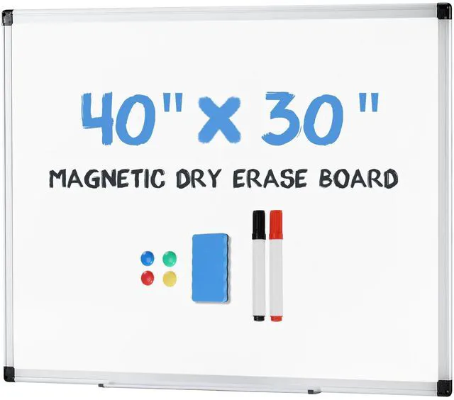 Main image of Magnetic White Board Kit for Wall 40" x 30", Dry Erase Board with 1 Dry Eraser & 2 Multicolor Markers & 4 Magnetic Pins, Silver Reinforced Aluminum Frame for Home, School, Office
