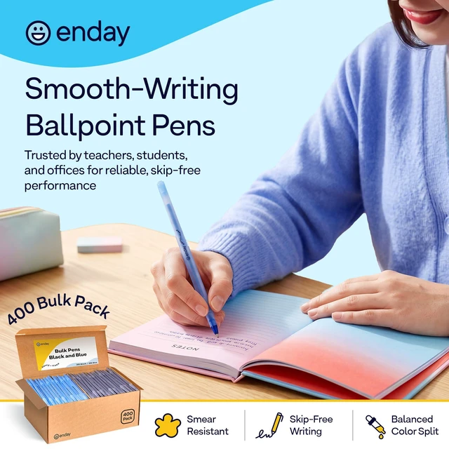 Alt view image 2 of 7 - Ballpoint Pens Bulk Blue and Black Pens (400 Pack) 200 Black & 200 Blue - Medium Point (1.0mm) Flexible Round Barrel For Writing Comfort, Pens Bulk for School, Home and Office