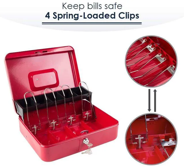 Alt view image 3 of 7 - Locking Cash Box with Lock,Money Box with Cash Tray,Lock Safe Box with Key,Money Saving Organizer,11.81Lx 9.45Wx 3.54H Inches,Red XL Large