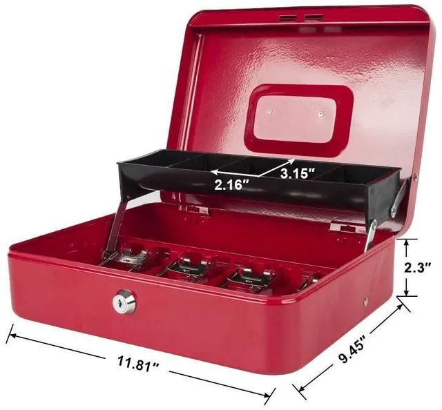 Alt view image 4 of 7 - Locking Cash Box with Lock,Money Box with Cash Tray,Lock Safe Box with Key,Money Saving Organizer,11.81Lx 9.45Wx 3.54H Inches,Red XL Large