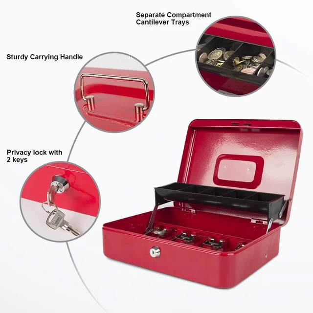 Alt view image 2 of 7 - Locking Cash Box with Lock,Money Box with Cash Tray,Lock Safe Box with Key,Money Saving Organizer,11.81Lx 9.45Wx 3.54H Inches,Red XL Large