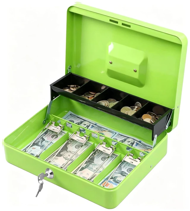 Main image of Locking Cash Box with Lock,Money Box with Cash Tray,Lock Safe Box with Key Money Saver,Money Saving Organizer,11.81Lx 9.45Wx 3.54H Inches,Limegreen XL Large