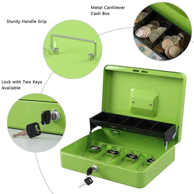 Alt view image 2 of 6 - Locking Cash Box with Lock,Money Box with Cash Tray,Lock Safe Box with Key Money Saver,Money Saving Organizer,11.81Lx 9.45Wx 3.54H Inches,Limegreen XL Large