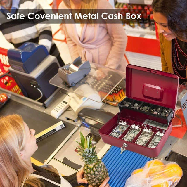 Alt view image 7 of 7 - Locking Cash Box with Lock,Money Box with Cash Tray,Lock Safe Box with Key,Money Saving Organizer,11.81Lx 9.45Wx 3.54H Inches,Red XL Large