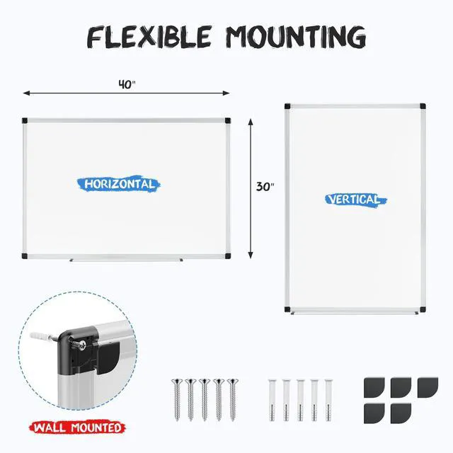 Alt view image 7 of 7 - Magnetic White Board Kit for Wall 40" x 30", Dry Erase Board with 1 Dry Eraser & 2 Multicolor Markers & 4 Magnetic Pins, Silver Reinforced Aluminum Frame for Home, School, Office