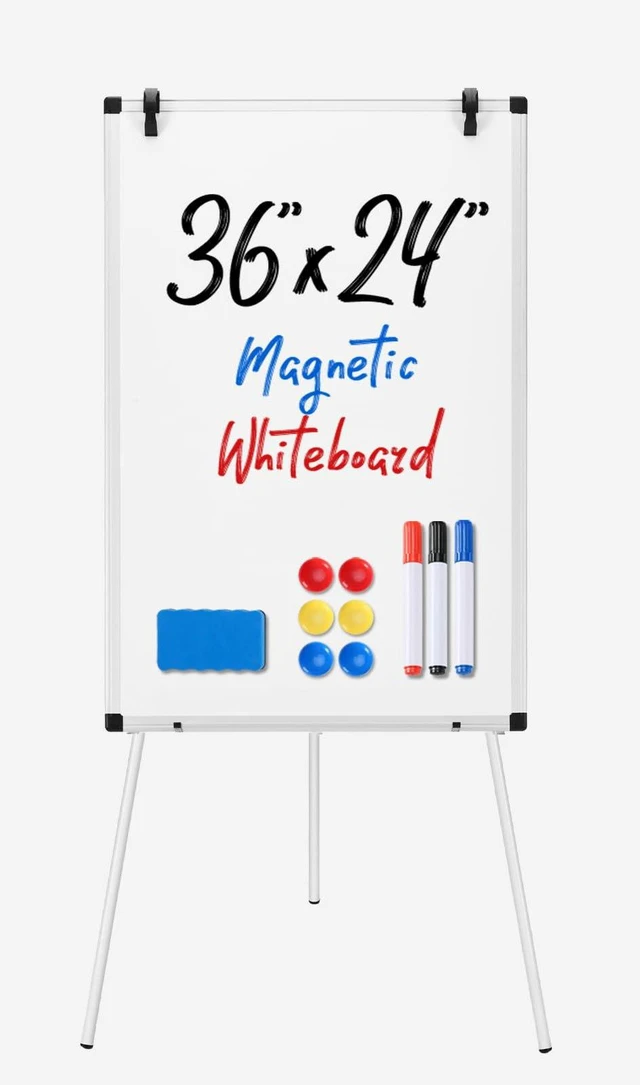 Main image of Magnetic White Board Easel 36"x24", Silver Aluminium Frame & White 36"x24" magnetic dry erase. Height 28"-48" for adults & kids. Foldable for classroom. Includes tray & 2 magnets