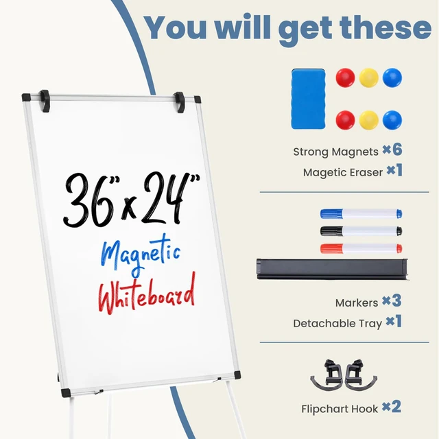 Alt view image 4 of 7 - Magnetic White Board Easel 36"x24", Silver Aluminium Frame & White 36"x24" magnetic dry erase. Height 28"-48" for adults & kids. Foldable for classroom. Includes tray & 2 magnets
