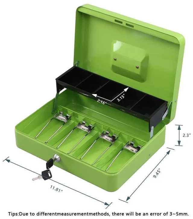 Alt view image 4 of 6 - Locking Cash Box with Lock,Money Box with Cash Tray,Lock Safe Box with Key Money Saver,Money Saving Organizer,11.81Lx 9.45Wx 3.54H Inches,Limegreen XL Large