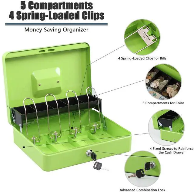 Alt view image 3 of 6 - Locking Cash Box with Lock,Money Box with Cash Tray,Lock Safe Box with Key Money Saver,Money Saving Organizer,11.81Lx 9.45Wx 3.54H Inches,Limegreen XL Large