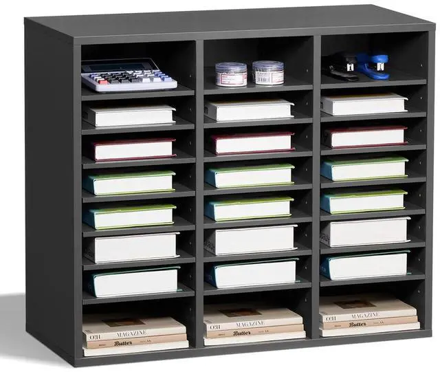 Main image of Literature Organizer, 24 Compartments Office Mailbox with Adjustable Shelves, Wooden Mailbox Sorter Medium Density Fiberboard Office Home Classroom Storage for Files, Documents, Papers, Grey