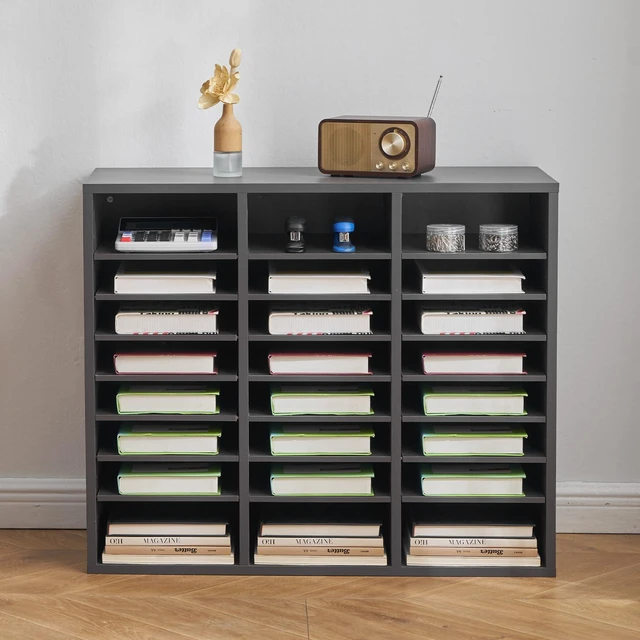 Alt view image 2 of 7 - Literature Organizer, 24 Compartments Office Mailbox with Adjustable Shelves, Wooden Mailbox Sorter Medium Density Fiberboard Office Home Classroom Storage for Files, Documents, Papers, Grey