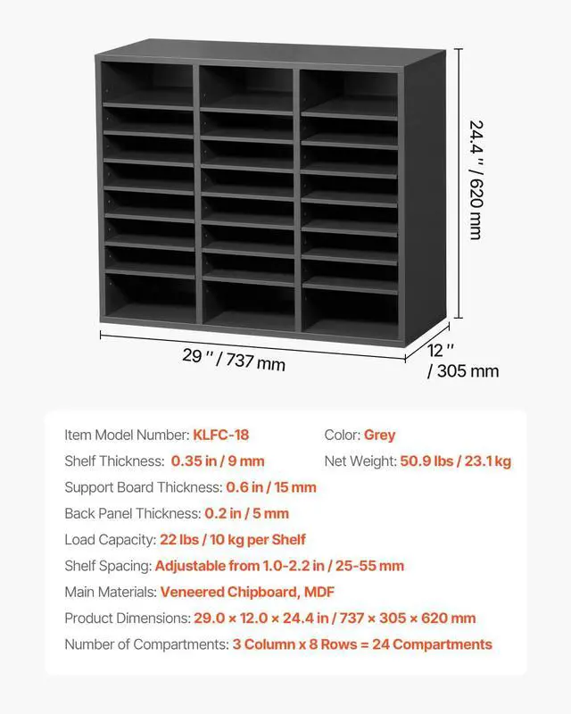 Alt view image 3 of 7 - Literature Organizer, 24 Compartments Office Mailbox with Adjustable Shelves, Wooden Mailbox Sorter Medium Density Fiberboard Office Home Classroom Storage for Files, Documents, Papers, Grey