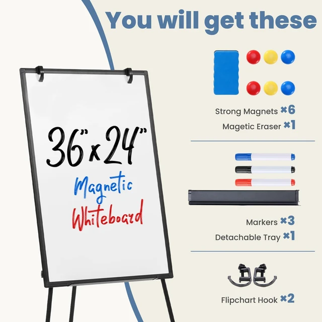 Alt view image 4 of 7 - Magnetic White Board Easel 36"x24", Silver Aluminium Frame & Black 36"x24" magnetic dry erase. Height 28"-48" for adults & kids. Foldable for classroom. Includes tray & 2 magnets