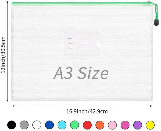 Alt view image 2 of 6 - 24pcs Mesh Zipper Pouch Bags A3 Extra Large Document Bag with Label Pocket, 16.9x12 Inches, Plastic Zip File Folders, Puzzles, Board Game Storage for Organizing Office Home