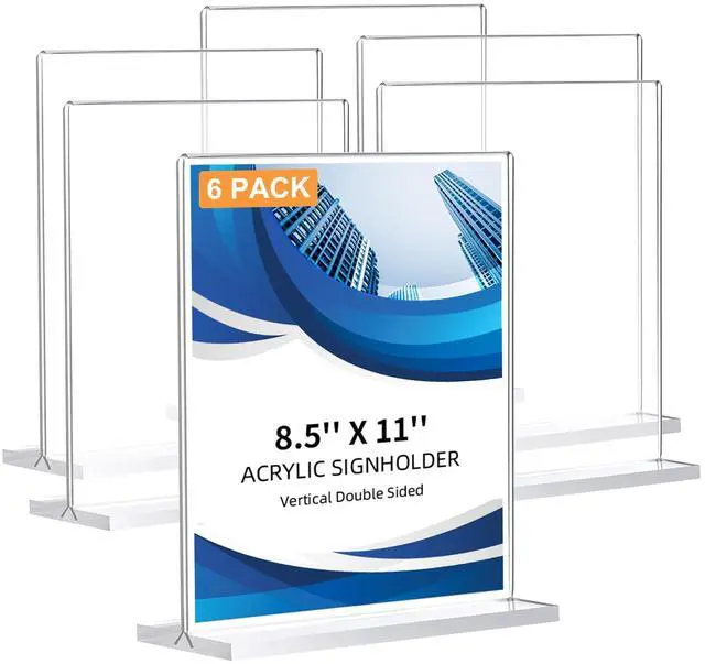 Main image of 6 Pack Acrylic Sign Holder 8.5 x 11, Double-Sided Clear Sign Holder Plastic Stands for Display, T Shape Acrylic Table Sign Stands for Office Store Restaurants Wedding Party Decoration