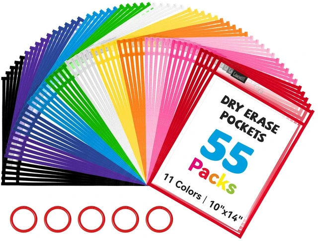 Main image of 55 Pack Dry Erase Pockets, 10x14 Reusable Sleeves, 11 Colors 55 reusable PVC pockets hold 8.5 x 11 and 9 x 12 sheets; double sided wipe clean surfaces, pen loops, eyelets, and 5 rings
