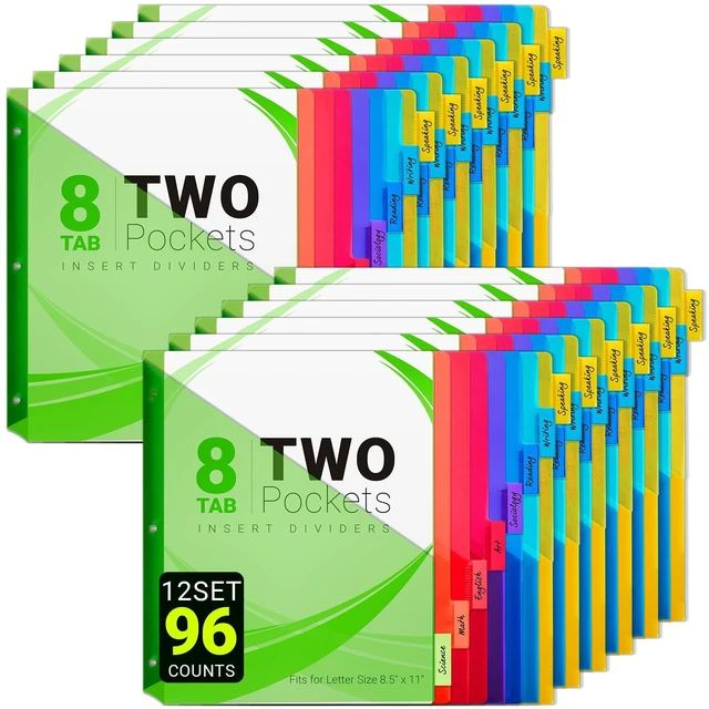 Main image of 8-Tab Dividers for 3-Ring Binders, 96 Counts 3 Holes Index Dividers with 2 Pockets, Insertable 8 Tabs Binder Divider for 1/2''/1''/2''/3'' inch Binders, 8 Colors (12)
