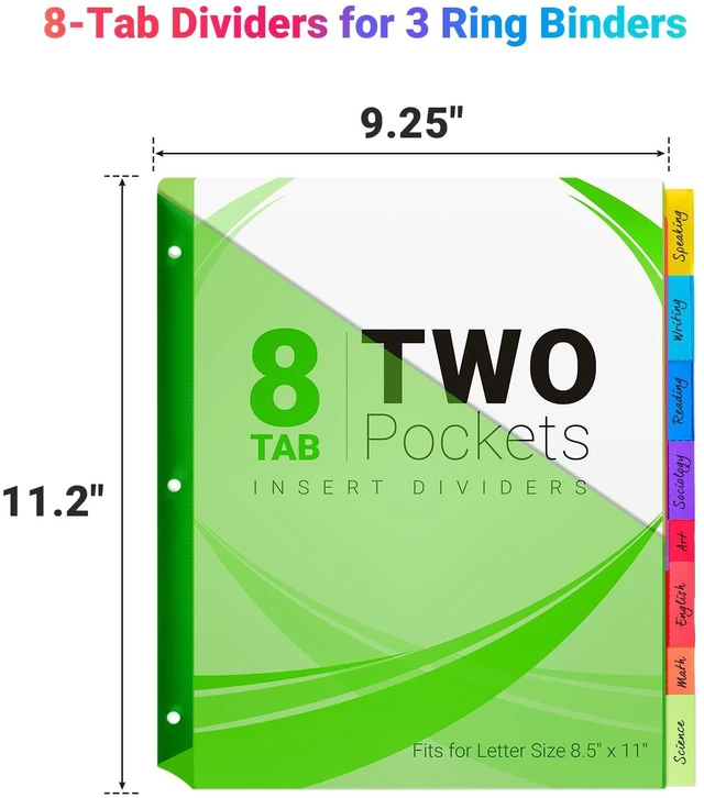 Alt view image 2 of 7 - 8-Tab Dividers for 3-Ring Binders, 96 Counts 3 Holes Index Dividers with 2 Pockets, Insertable 8 Tabs Binder Divider for 1/2''/1''/2''/3'' inch Binders, 8 Colors (12)